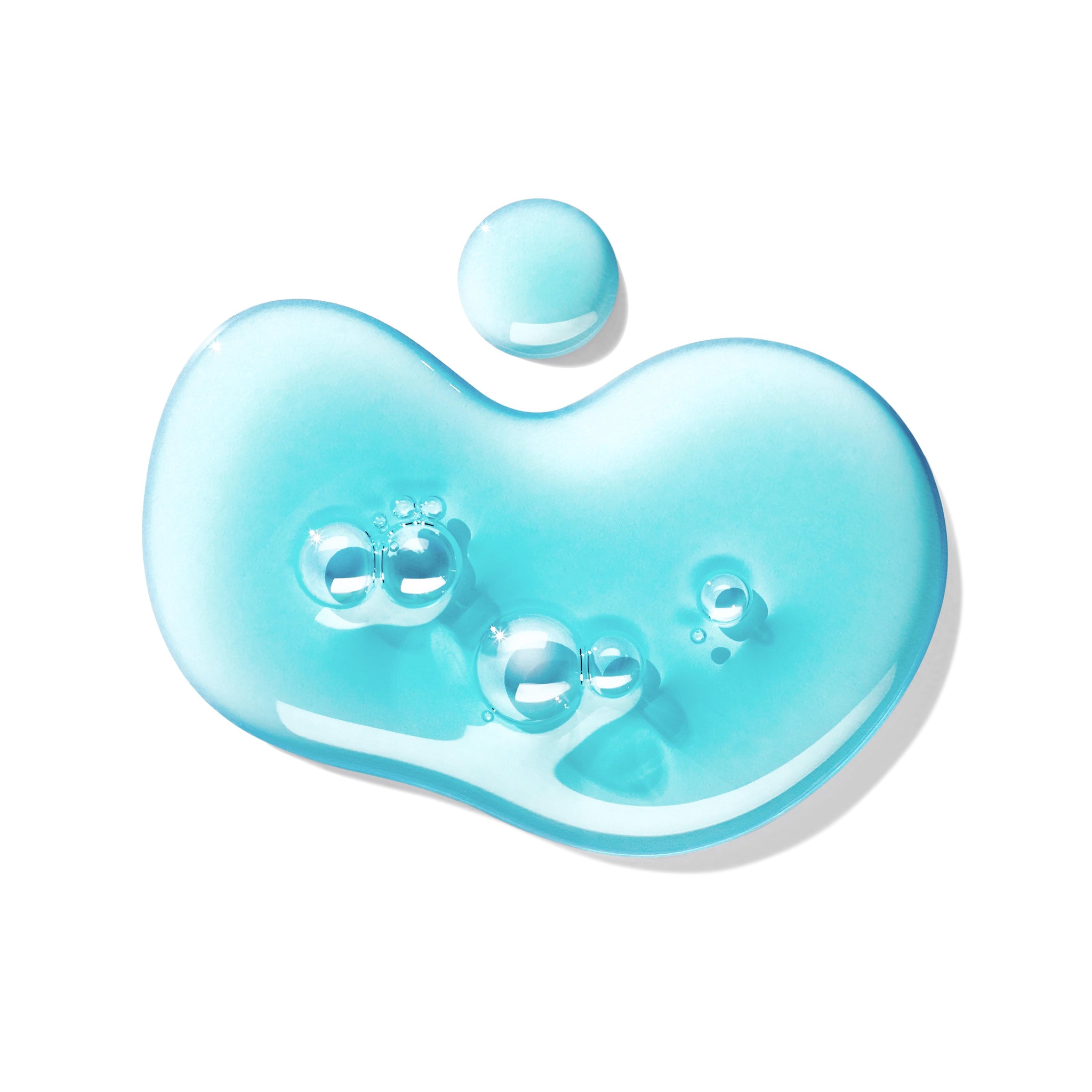 A blue, translucent drop of Coastal Cypress & Sea Fennel Bath & Shower Gel Refill 400ml with air bubbles inside, set against a white background.