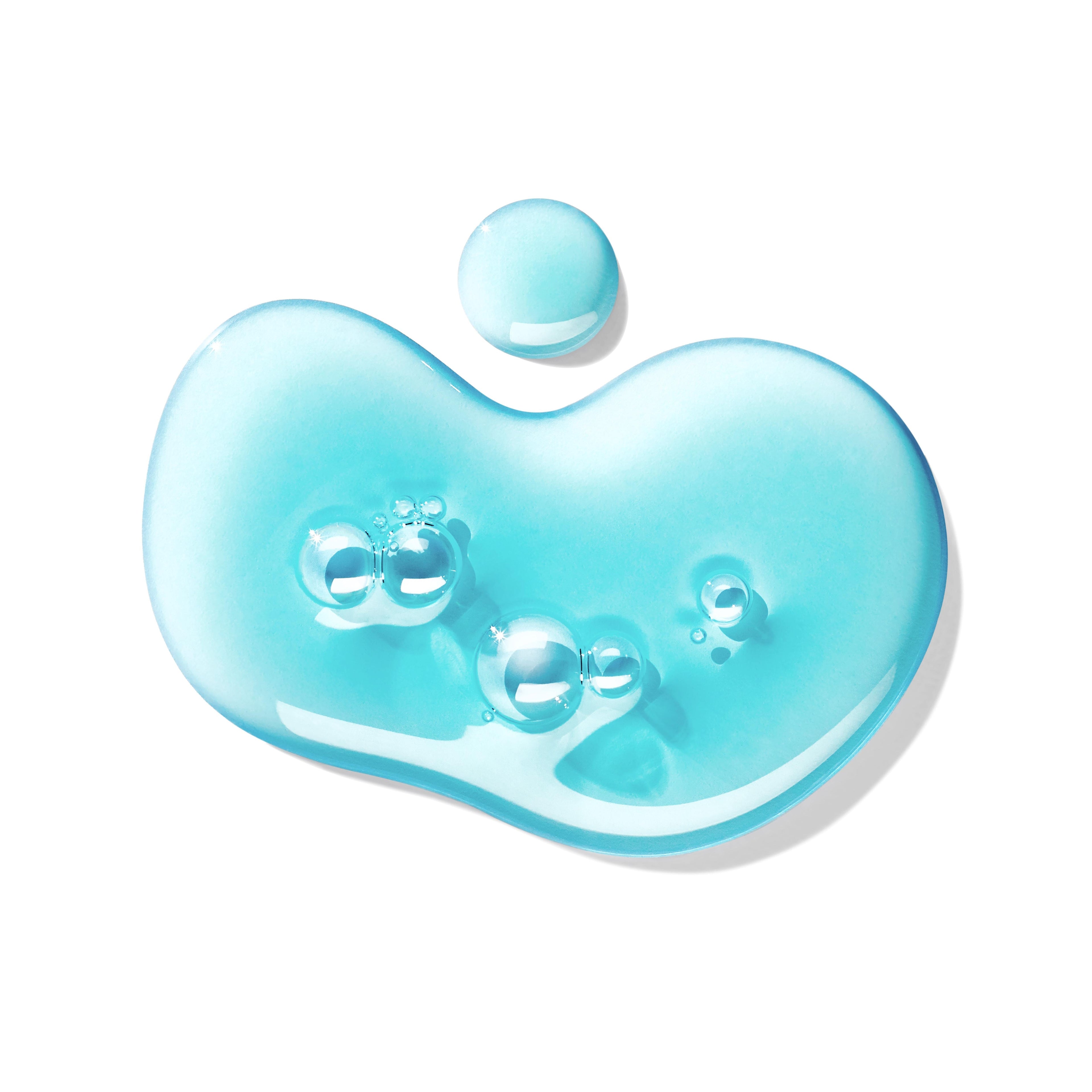A blue, translucent drop of Coastal Cypress & Sea Fennel Bath & Shower Gel Refill 400ml with air bubbles inside, set against a white background.