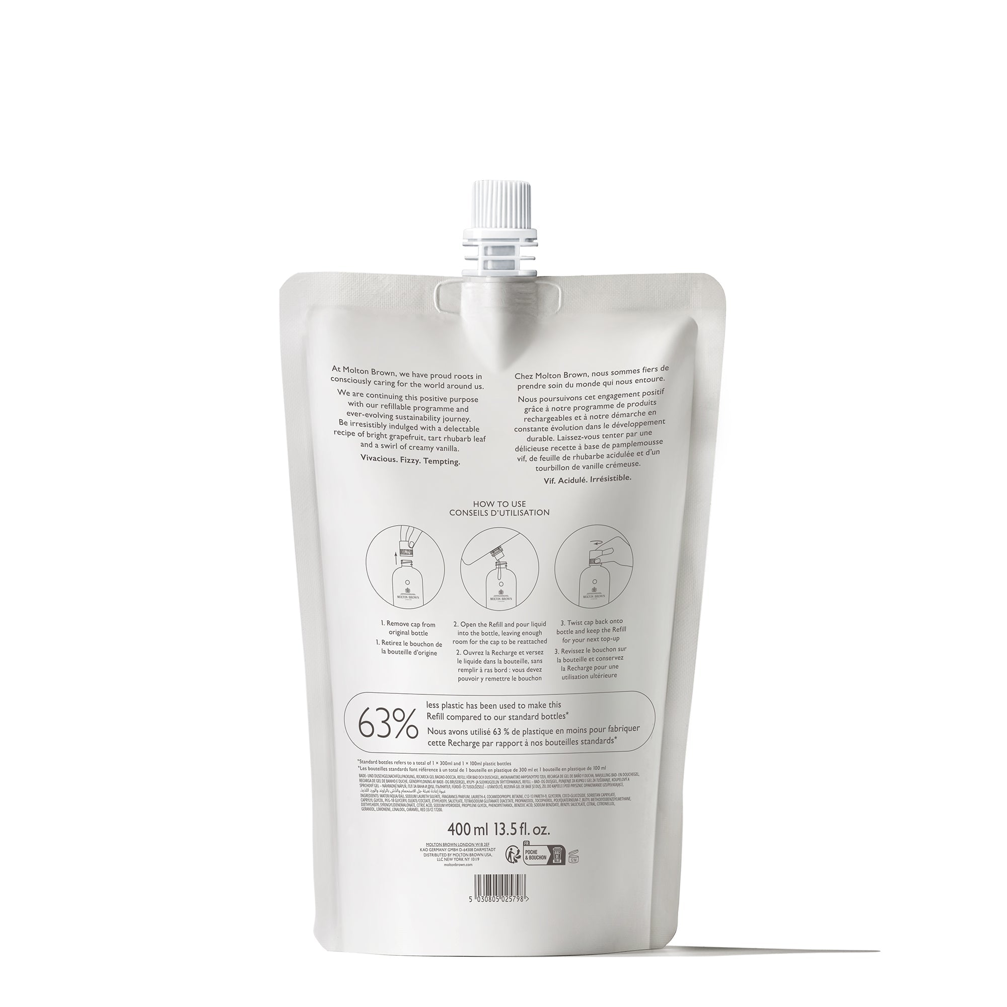 A white, stand-up refill pouch with a spout cap contains 400ml Delicious Rhubarb & Rose Bath & Shower Gel. The back displays instructions, text, and illustrations in black for mindful cleansing.