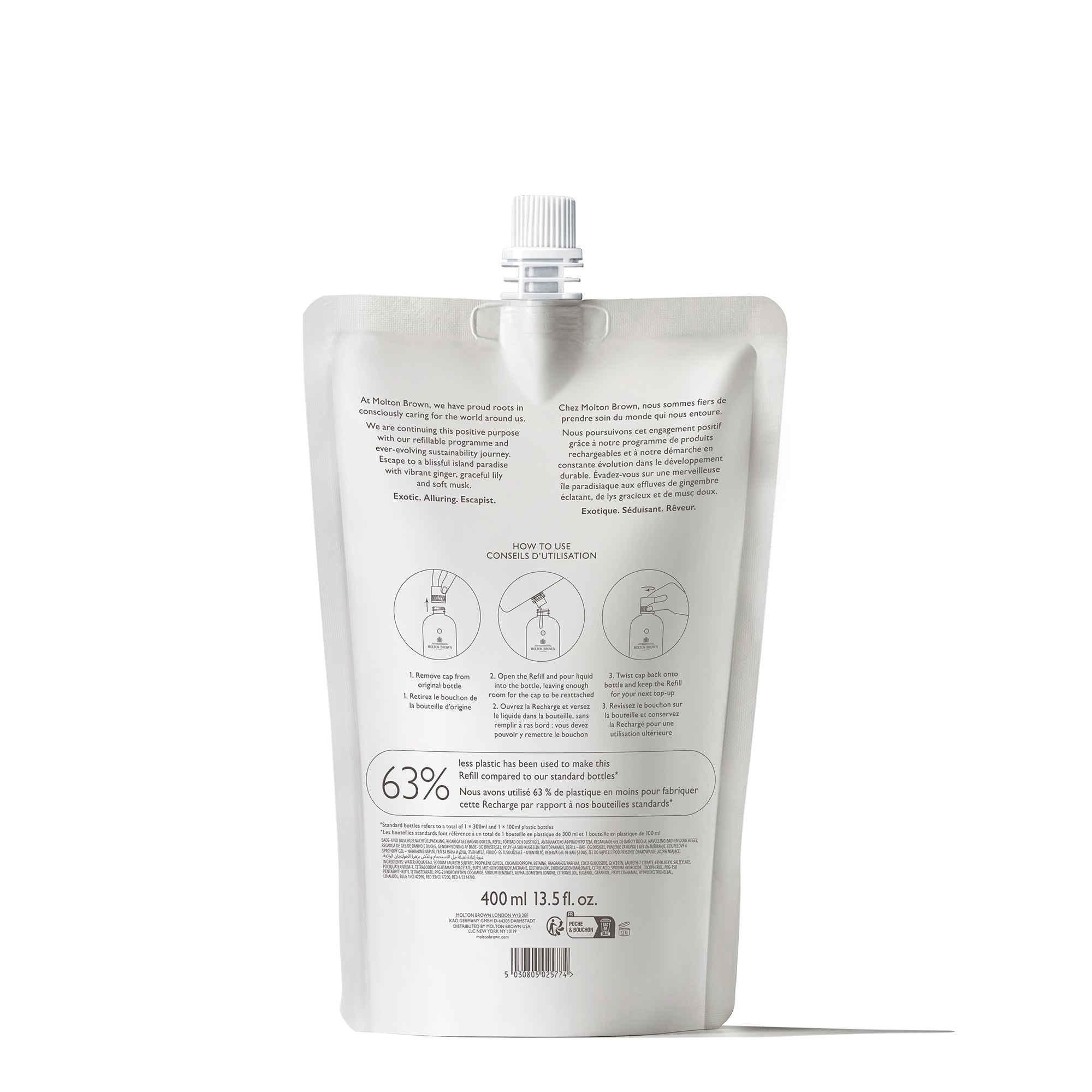 A silver, sustainable 400ml pouch with a white cap contains Heavenly Gingerlily Bath & Shower Gel Refill. The back features illustrated instructions, text, and product details. Suitable for refilling your infinite bottle.