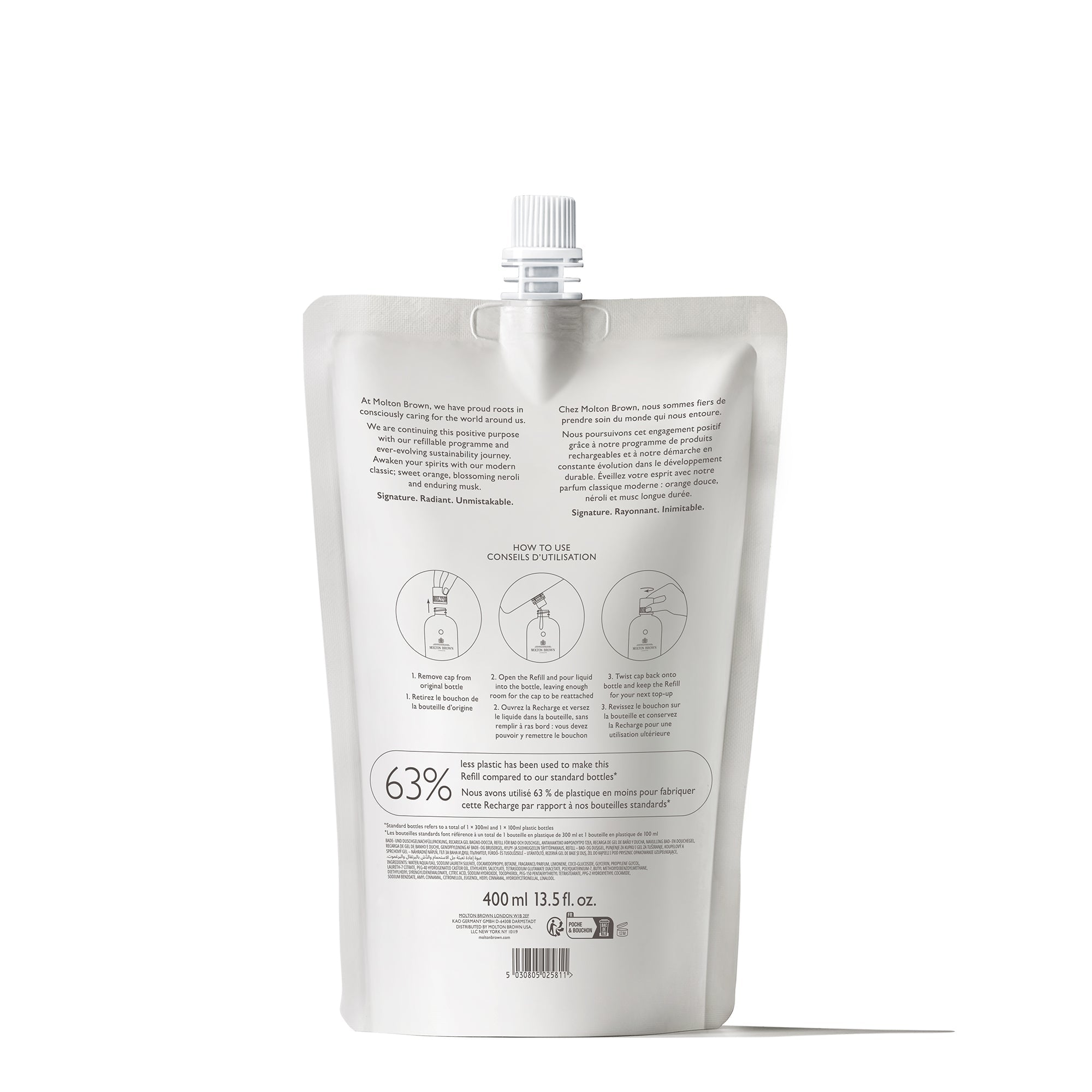 A white 400ml refill pouch with a screw cap, featuring directions and illustrations for use. Contains Orange & Bergamot Bath & Shower Gel with uplifting neroli notes.
