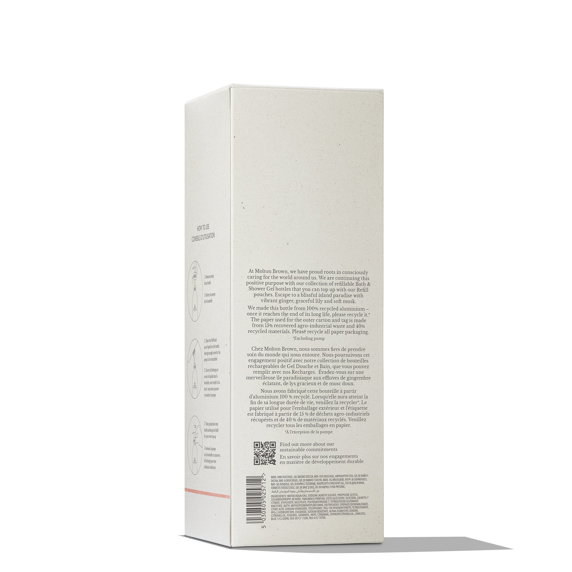 An off-white, tall rectangular box for the Heavenly Gingerlily Infinite Bottle 400ml stands upright at an angle, displaying text, icons, and QR codes that promote its plastic-saving refill for the white-floral body wash. The background is plain white with a shadow.