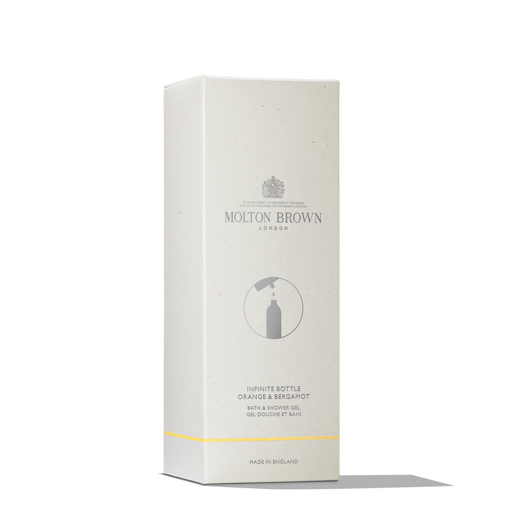 A rectangular, light beige box with Molton Brown London branding holds the Orange & Bergamot Infinite Bottle 400ml—a minimalist citrus body wash in a recycled aluminium bottle, accented by a yellow line near the bottom.