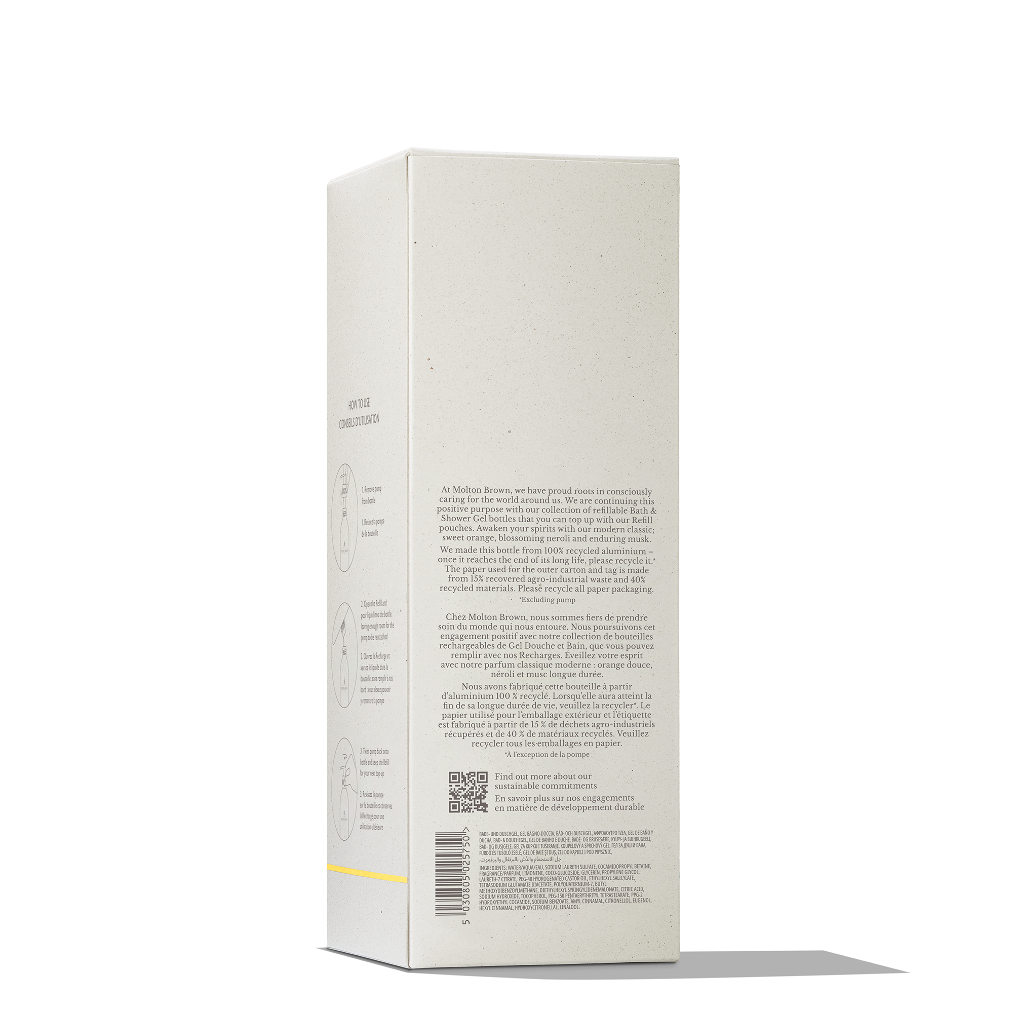 A tall, rectangular white box for the Orange & Bergamot Infinite Bottle 400ml stands upright, displaying gray text, subtle circular icons, and a QR code near the base—ideal for easy aluminium body wash or citrus fragrance refills.